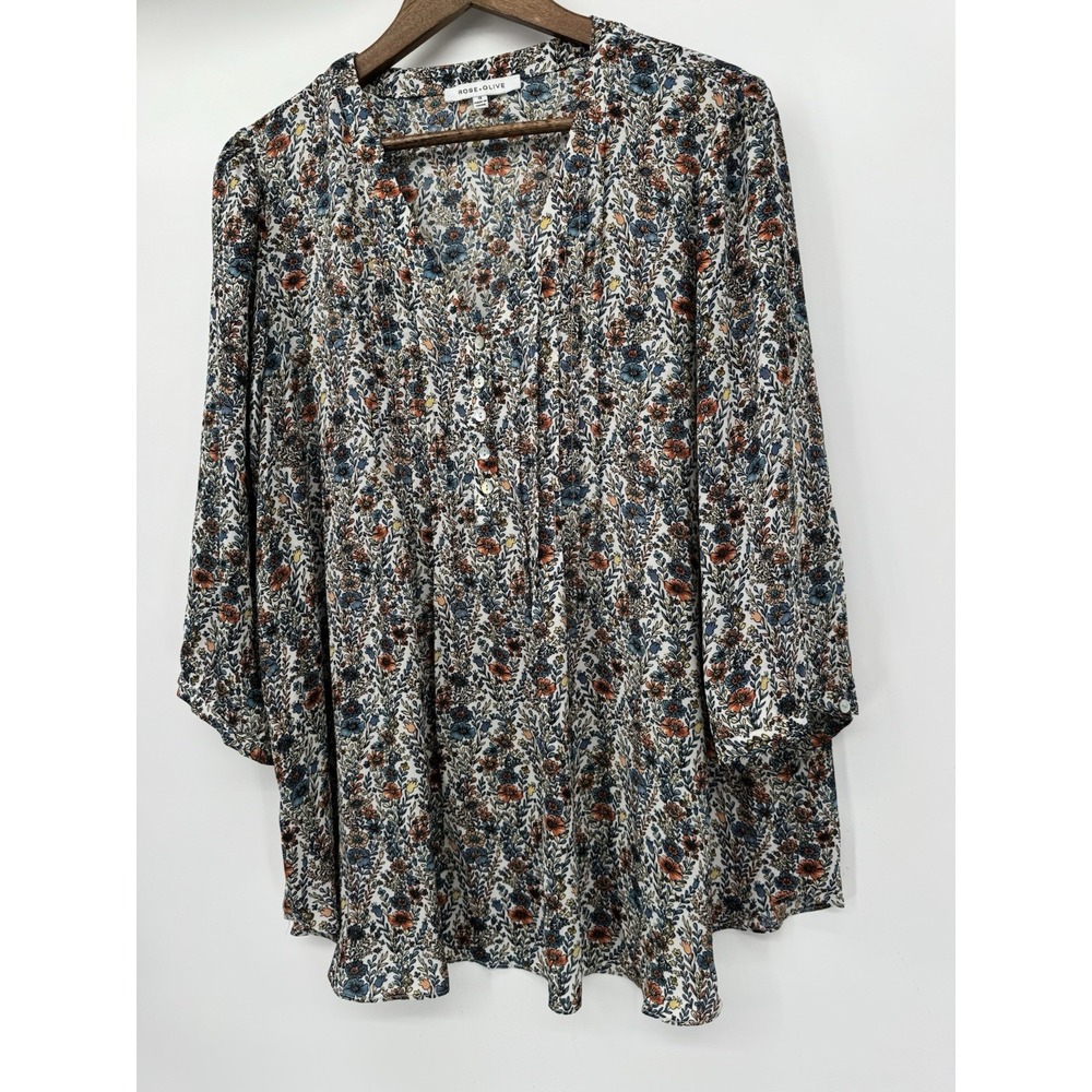 Rose & Olive Button Up Top Plus 1X Pleated Blouse V-Neck Cottagecore Boho 3/4th - Picture 4 of 10